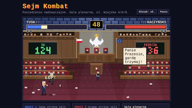 Sejm Kombat: pojedynek na sali plenarnej z tablicą głosowań